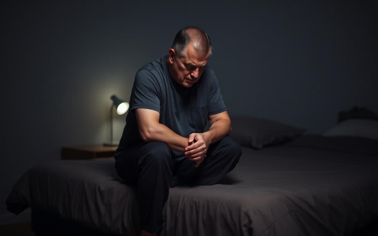 Homme préoccupé assis sur le bord du lit